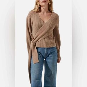 NEW ASTR The Label Ribbed V-Neck Wrap Front Brown Sweater Sz L
